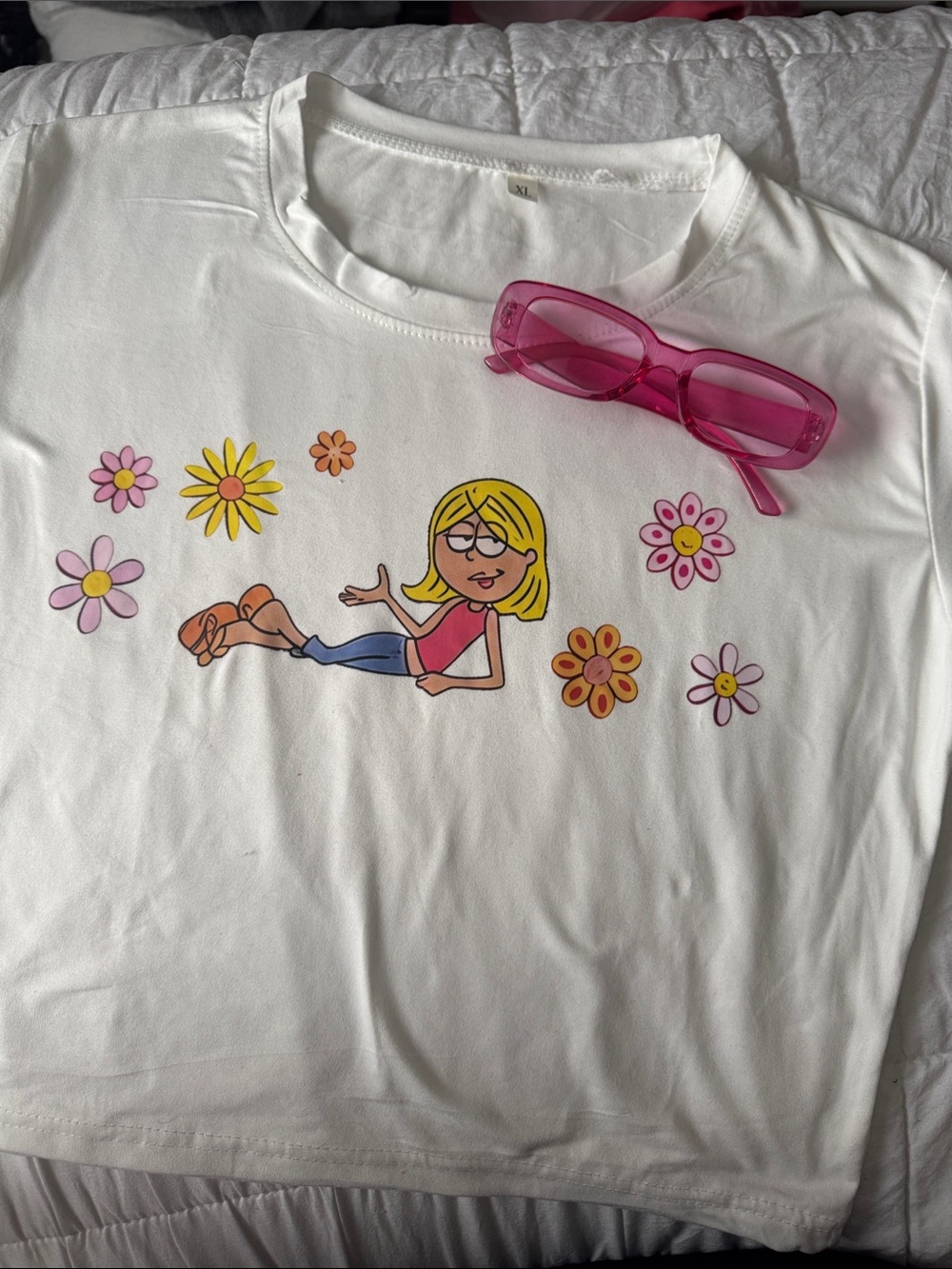 SHEIN White Crop Top Lizzie McGuire with Pink Fashion Glasses